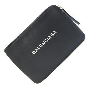 Balenciaga Everyday Pouch M 492465 Black Leather Clutch Bag Print Flat for Me...